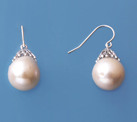 Sterling Silver Earrings with 12-13mm Drop Shape Freshwater Pearl