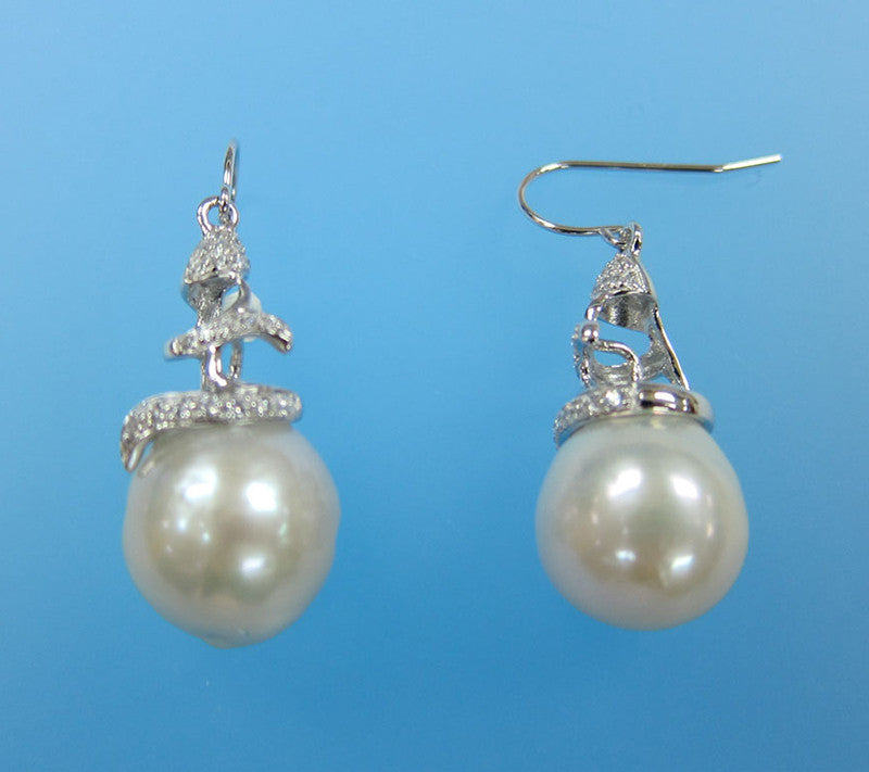 Sterling Silver Earrings with 13-14mm Drop Shape Freshwater Pearl and Cubic Zirconia - Wing Wo Hing Jewelry Group - Pearl Jewelry Manufacturer