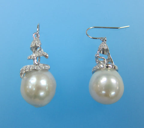 Sterling Silver Earrings with 13-14mm Drop Shape Freshwater Pearl and Cubic Zirconia