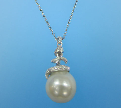 Sterling Silver Pendant with 13-14mm Drop Shape Freshwater Pearl and Cubic Zirconia