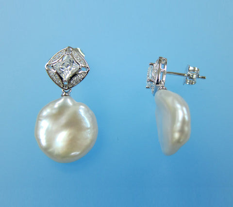 Sterling Silver Earrings with 14-15mm Keshi Shape Freshwater Pearl and Cubic Zirconia