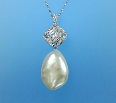Sterling Silver Pendant with 14-15mm Keshi Shape Freshwater Pearl and Cubic Zirconia