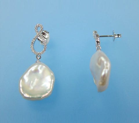 Sterling Silver Earrings with 14-15mm Keshi Freshwater Pearl and Cubic Zirconia