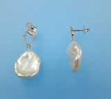 Sterling Silver Earrings with 14-15mm Keshi Shape Freshwater Pearl and Cubic Zirconia - Wing Wo Hing Jewelry Group - Pearl Jewelry Manufacturer