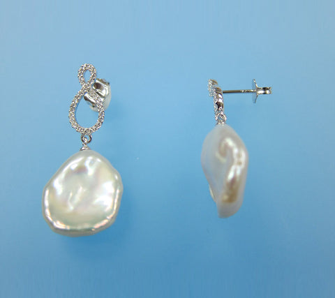 Sterling Silver Earrings with 14-15mm Keshi Shape Freshwater Pearl and Cubic Zirconia