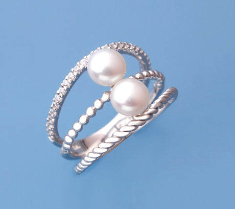 Sterling Silver Ring with 5.5-6mm Button Shape Freshwater Pearl and Cubic Zirconia