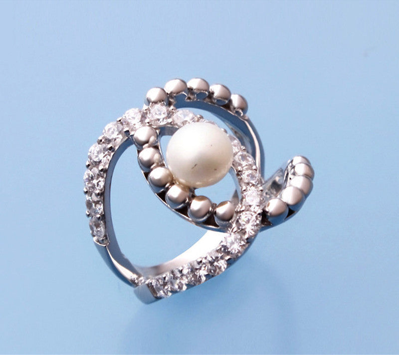 Sterling Silver with 6.5-7mm Button Shape Freshwater Pearl and Cubic Zirconia Ring - Wing Wo Hing Jewelry Group - Pearl Jewelry Manufacturer