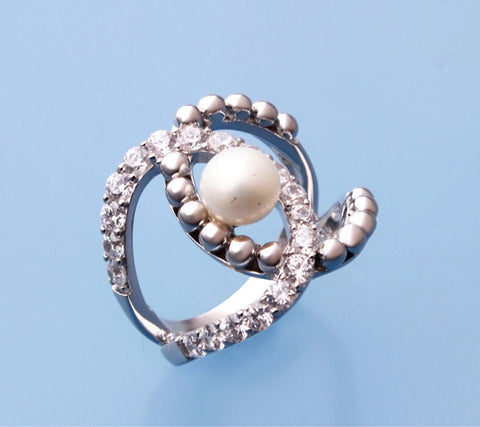 Sterling Silver with 6.5-7mm Button Shape Freshwater Pearl and Cubic Zirconia Ring