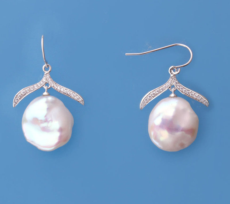 Sterling Silver Earrings with 15-16mm Keshi Shape Freshwater Pearl and Cubic Zirconia - Wing Wo Hing Jewelry Group - Pearl Jewelry Manufacturer