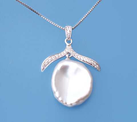 Sterling Silver Pendant with 14-15mm Keshi Freshwater Pearl and Cubic Zirconia