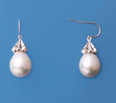 Sterling Silver Earrings with 12-13mm Drop Shape Freshwater Pearl