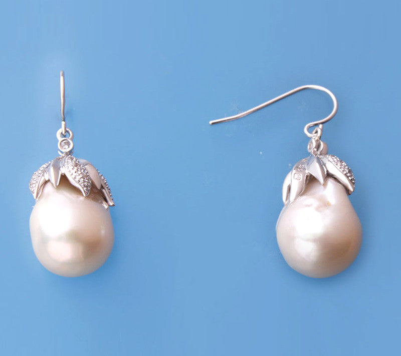Sterling Silver Earrings with 12-13mm Drop Shape Freshwater Pearl and Cubic Zirconia - Wing Wo Hing Jewelry Group - Pearl Jewelry Manufacturer