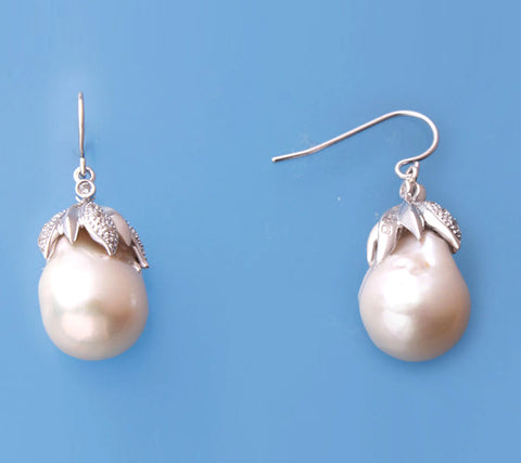 Sterling Silver Earrings with 12-13mm Drop Shape Freshwater Pearl and Cubic Zirconia