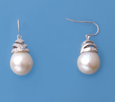 Sterling Silver Earrings with 13-14mm Baroque Shape Freshwater Pearl and Cubic Zirconia