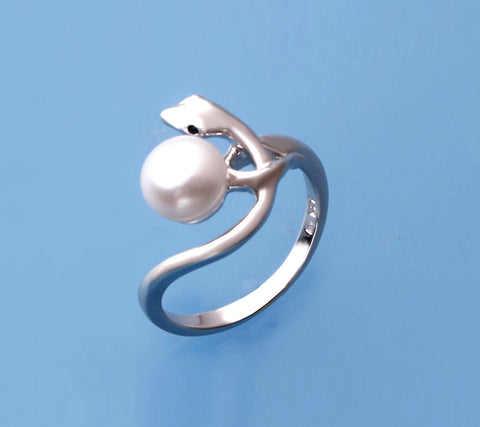 Sterling Silver Ring with 7.5-8mm Button Shape Freshwater Pearl and Cubic ZIrconia