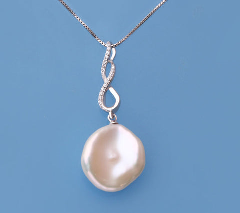 Sterling Silver Pendant with 14-15mm Keshi Shape Freshwater Pearl and Cubic Zirconia