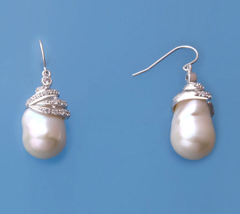 Sterling Silver Earrings with 12-13mm Baroque Shape Freshwater Pearl and Cubic Zirconia
