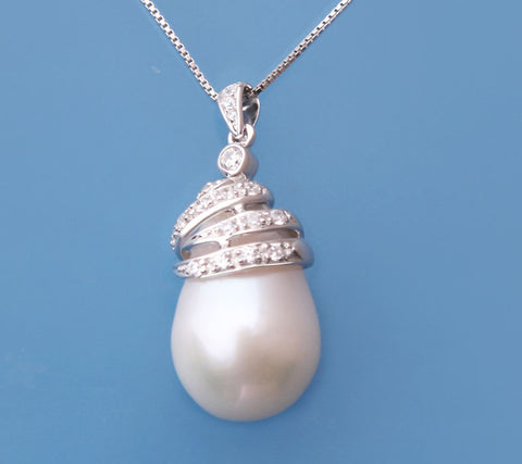 Sterling Silver Pendant with 12-13mm Baroque Shape Freshwater Pearl and Cubic Zirconia