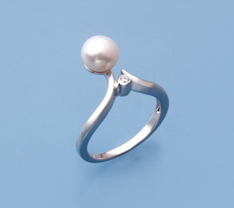 Sterling Silver Ring with 7.5-8mm Button Shape Freshwater Pearl and Cubic Zirconia - Wing Wo Hing Jewelry Group - Pearl Jewelry Manufacturer