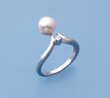 Sterling Silver Ring with 7.5-8mm Button Shape Freshwater Pearl and Cubic Zirconia - Wing Wo Hing Jewelry Group - Pearl Jewelry Manufacturer