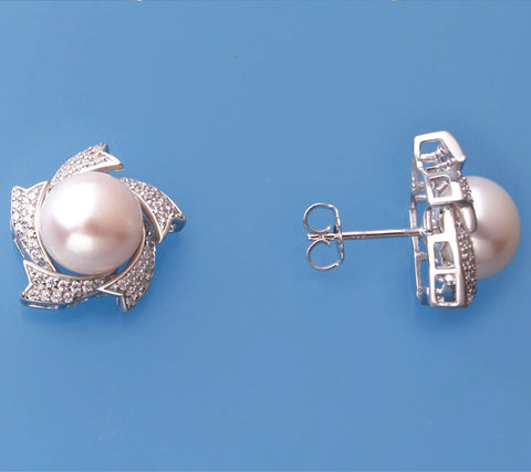 Sterling Silver Earrings with 10-10.5mm Button Shape Freshwater Pearl and Cubic Zirconia