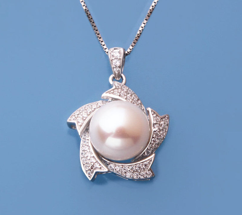 Sterling Silver Pendant with 10-10.5mm Button Shape Freshwater Pearl and Cubic Zirconia - Wing Wo Hing Jewelry Group - Pearl Jewelry Manufacturer