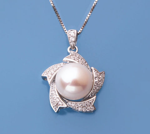 Sterling Silver Pendant with 10-10.5mm Button Shape Freshwater Pearl and Cubic Zirconia