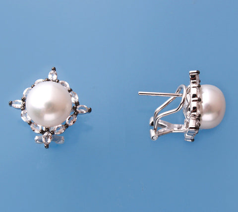 Sterling Silver Earrings with 10-10.5mm Button Shape Freshwater Pearl and White Topaz