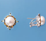 Sterling Silver Earrings with 10-10.5mm Button Shape Freshwater Pearl, Citrine and Peridot - Wing Wo Hing Jewelry Group - Pearl Jewelry Manufacturer