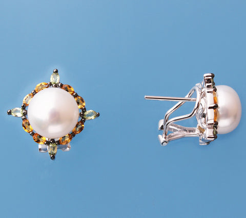 Sterling Silver Earrings with 10-10.5mm Button Shape Freshwater Pearl, Citrine and Peridot