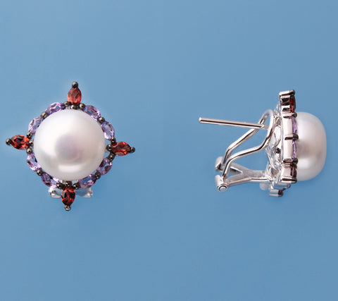 Sterling Silver Earrings with 10-10.5mm Button Shape Freshwater Pearl, Peridot and Amethyst