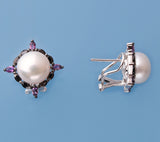 Sterling Silver with 10-10.5mm Button Shape Freshwater Pearl, Black Spinel and Amethyst Earrings - Wing Wo Hing Jewelry Group - Pearl Jewelry Manufacturer