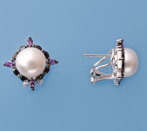 Sterling Silver with 10-10.5mm Button Shape Freshwater Pearl, Black Spinel and Amethyst Earrings