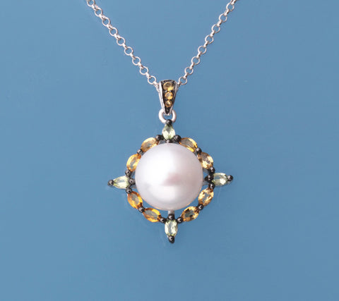 Sterling Silver Pendant with 10-10.5mm Button Shape Freshwater Pearl, Citrine and Peridot