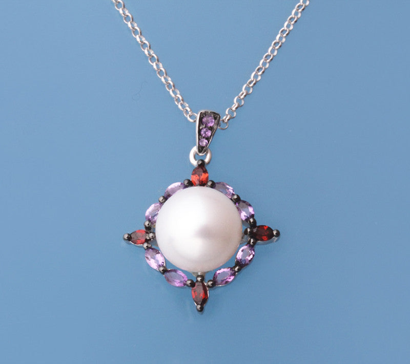 Sterling Silver Pendant with 10-10.5mm Button Shape Freshwater Pearl, Garnet and Amethyst - Wing Wo Hing Jewelry Group - Pearl Jewelry Manufacturer