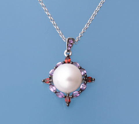 Sterling Silver Pendant with 10-10.5mm Button Shape Freshwater Pearl, Garnet and Amethyst