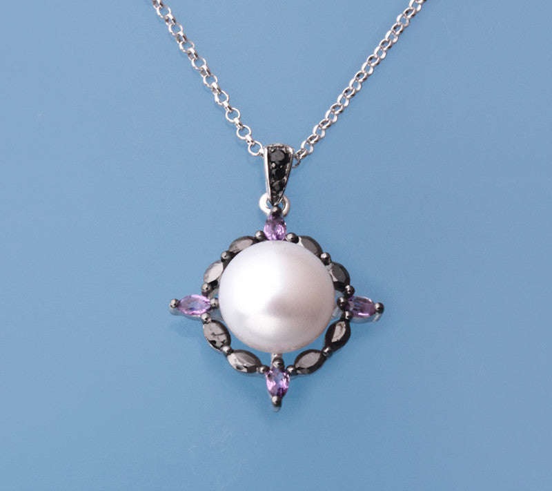 Sterling Silver Pendant with 10-10.5mm Button Shape Freshwater Pearl, Black Spinel and Amethyst - Wing Wo Hing Jewelry Group - Pearl Jewelry Manufacturer