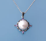 Sterling Silver Pendant with 10-10.5mm Button Shape Freshwater Pearl, Black Spinel and Amethyst - Wing Wo Hing Jewelry Group - Pearl Jewelry Manufacturer