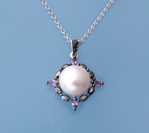 Sterling Silver Pendant with 10-10.5mm Button Shape Freshwater Pearl, Black Spinel and Amethyst