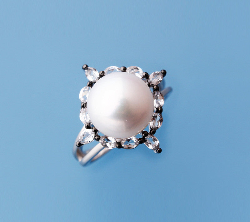 Sterling Silver Ring with 10.5-11mm Button Shape Freshwater Pearl and White Topaz - Wing Wo Hing Jewelry Group - Pearl Jewelry Manufacturer