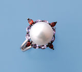 Sterling Silver Ring with 10.5-11mm Button Shape Freshwater Pearl, Garnet and Amethyst - Wing Wo Hing Jewelry Group - Pearl Jewelry Manufacturer