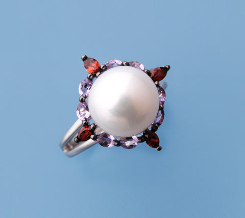 Sterling Silver Ring with 10.5-11mm Button Shape Freshwater Pearl, Garnet and Amethyst