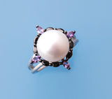 Sterling Silver Ring with 10.5-11mm Button Shape Freshwater Pearl, Black Spinel and Amethyst - Wing Wo Hing Jewelry Group - Pearl Jewelry Manufacturer