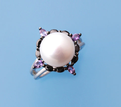 Sterling Silver Ring with 10.5-11mm Button Shape Freshwater Pearl, Black Spinel and Amethyst