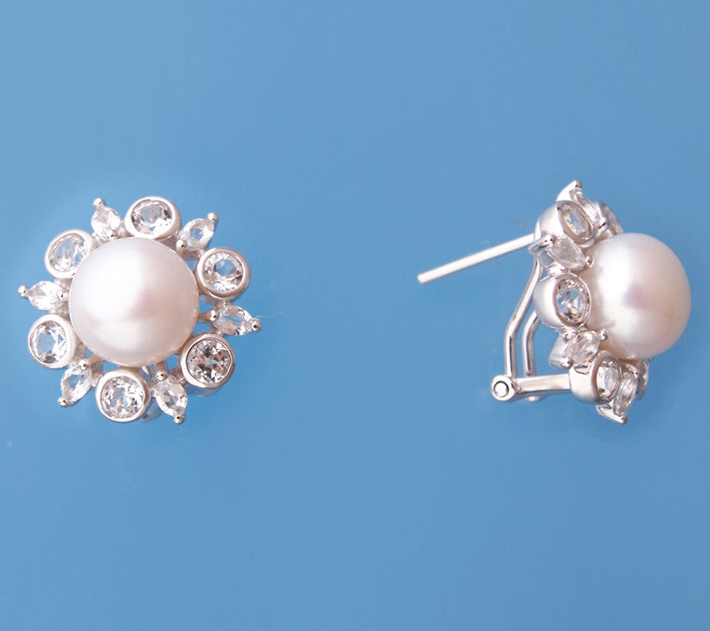 Sterling Silver Earrings with 9-9.5mm Button Shape Freshwater Pearl and White Topaz - Wing Wo Hing Jewelry Group - Pearl Jewelry Manufacturer