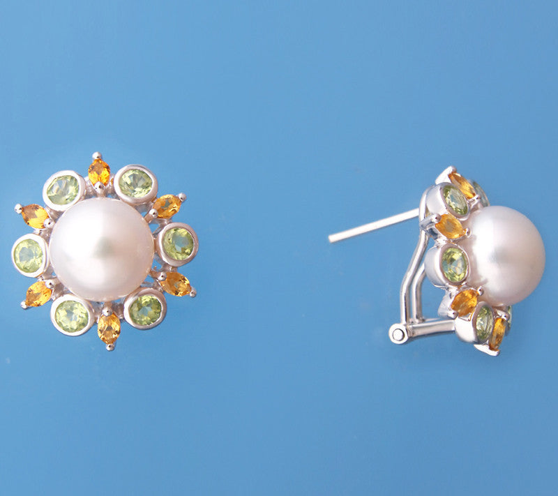 Sterling Silver Earrings with 9-9.5mm Button Shape Freshwater Pearl, Citrine and Peridot - Wing Wo Hing Jewelry Group - Pearl Jewelry Manufacturer