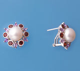 Sterling Silver Earrings with 9-9.5mm Button Shape Freshwater Pearl, Garnet and Amethyst - Wing Wo Hing Jewelry Group - Pearl Jewelry Manufacturer