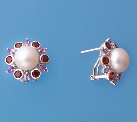 Sterling Silver Earrings with 9-9.5mm Button Shape Freshwater Pearl, Garnet and Amethyst