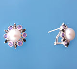 Sterling Silver Earrings with 9-9.5mm Button Shape Freshwater Pearl, Black Spinel and Amethyst - Wing Wo Hing Jewelry Group - Pearl Jewelry Manufacturer