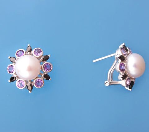 Sterling Silver Earrings with 9-9.5mm Button Shape Freshwater Pearl, Black Spinel and Amethyst